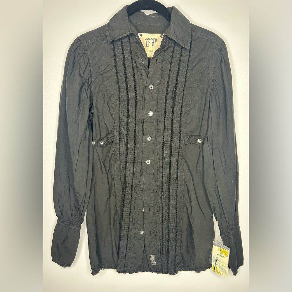 NWT Free People Women’s XS Size 0 Black Military Embroidered Lace Steampunk Top